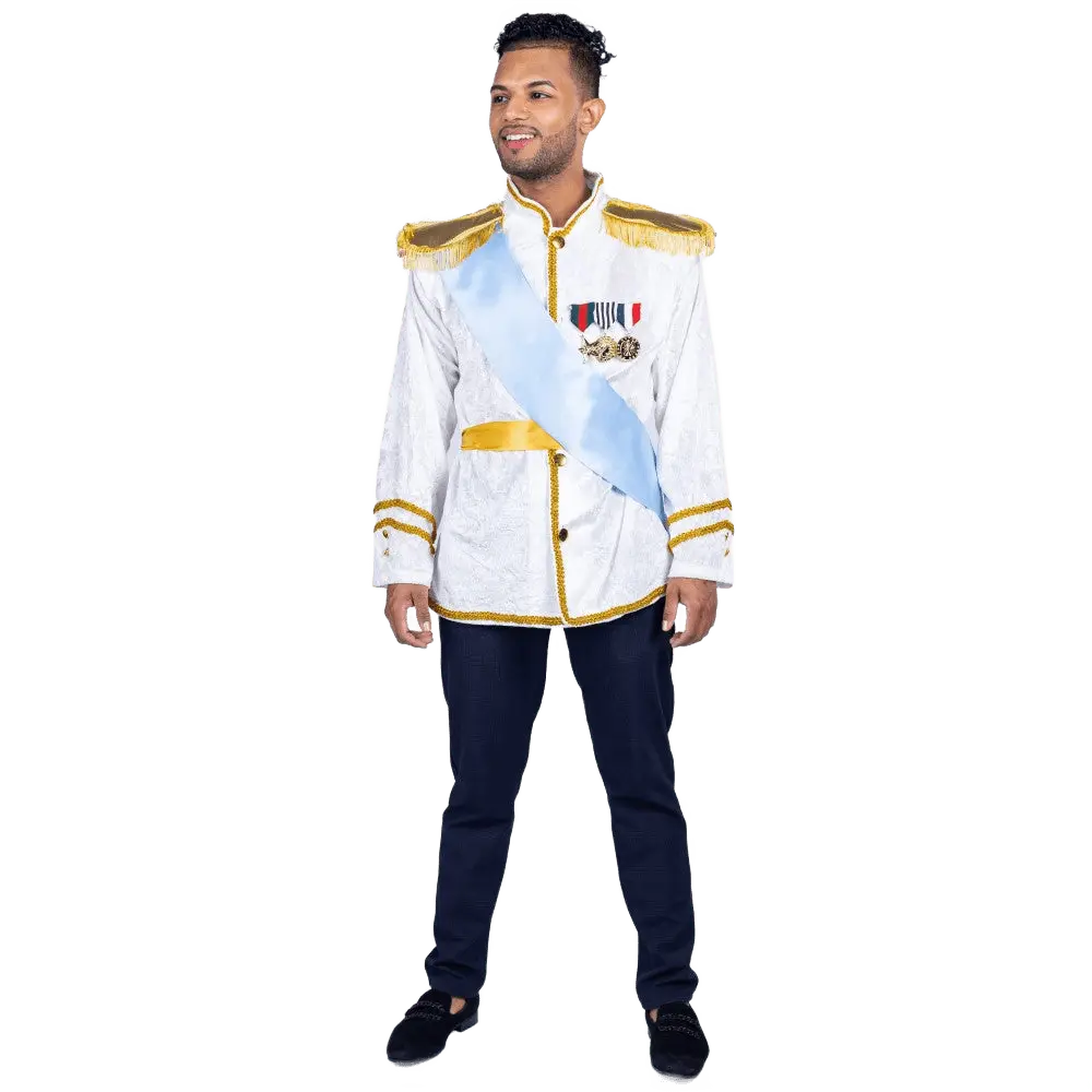Royal Prince Costume For Adults - Prince Charming Dress-Up Set with Jacket, Sky Blue Sash & Belt - Perfect for Halloween, Role Play, Pretend Play Fun, Fantasy Theme Party & Cosplay -  Menswear
