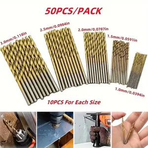 50-piece titanium-coated high-speed steel drill bit sets (1/1.5/2/2.5/3 mm) - Heavy-duty high-speed steel twist drills, with titanium coating, suitable for wood, metal, plastic, DIY and professional drilling - Compatible with electric drills (50 pieces)