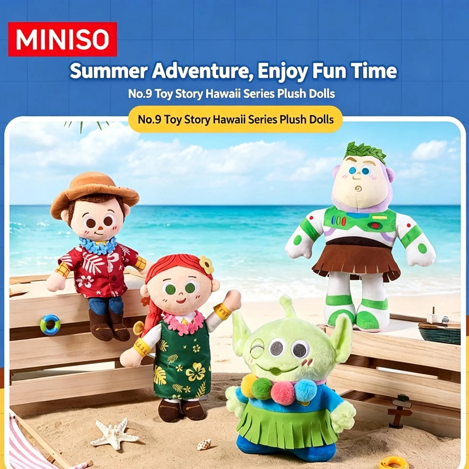 MINISO Toy Story Hawaii Series Plush Figures, Cute Woody/Buzz Lightyear/Jessie/Alien Summer Themed Plush Toys, Collectible Dolls for Kids & Fans, Ideal Birthday & Holiday Gifts