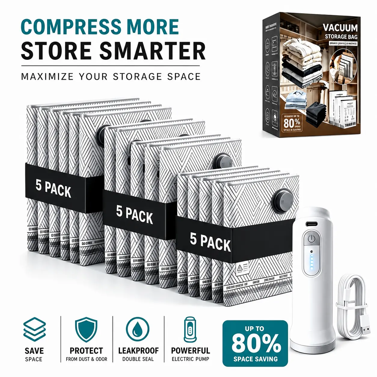 2026 Upgraded PA+PE Compression Bags (15-Pack with 1 Wireless Pump, 1500mAh Long Battery Life) - 3 Sizes, Lightweight, Space-Saving for Travel & Home Storage, Vacuum Sealer Accessory, Compression Packing Cubes