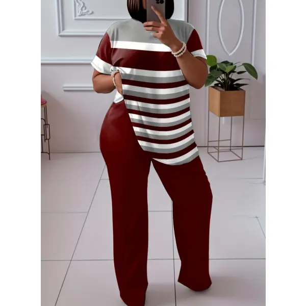 Plus Size Striped Short Sleeve Top & Solid Burgundy Wide Leg Pants 2 Piece Casual Matching Outfit, Curvy Women’s Relaxed Loungewear Set outfit short sleeve top Clothes Womenswear Suits Shortsleeve Stripe Striped Chic Tunic