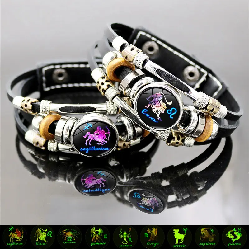 Glow in the Dark Zodiac Multi-Layer Leather Bracelet, 17.5/20.5cm Adjustable Punk Jewelry Gift for Women & Men, Yes