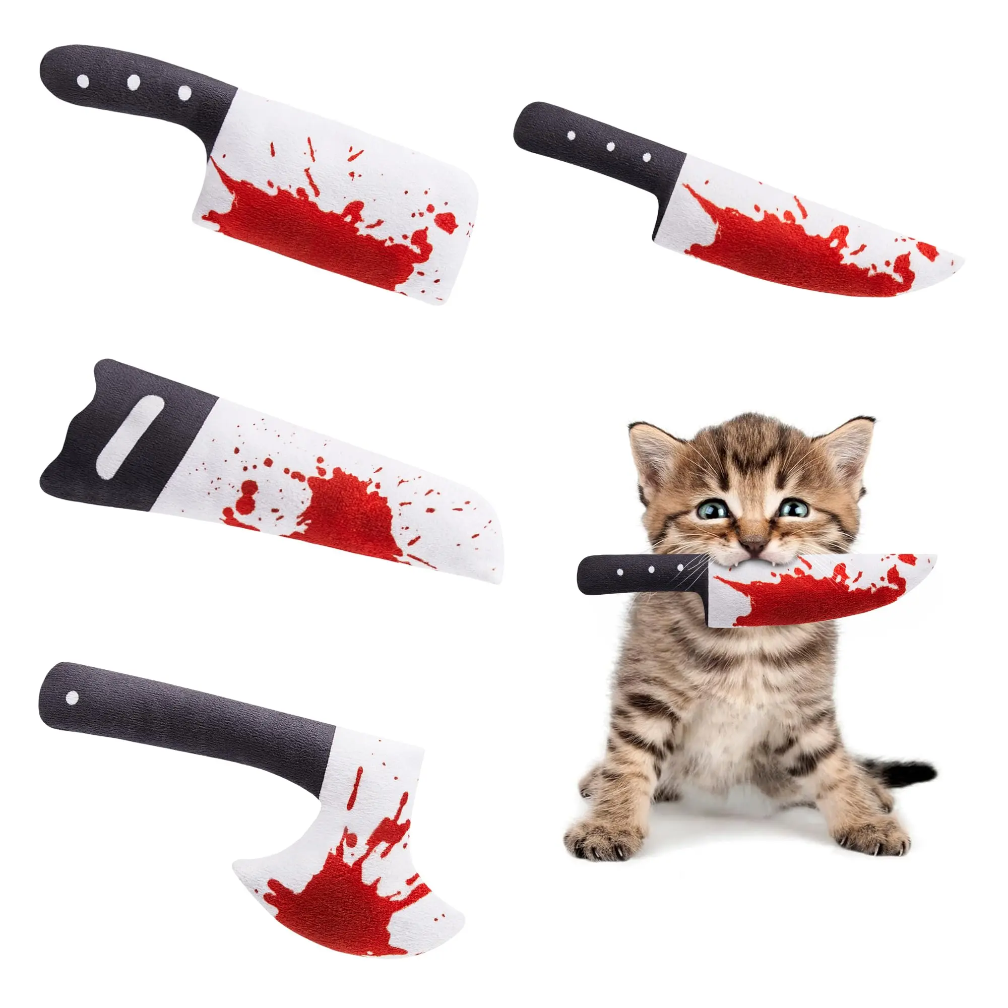 Potaroma 4Pcs Cat Chew Toys Catnip Crinkly Sound Toy, Horror Halloween Knife-Shaped Kitten Bite Kicker Toys, Indoor Exercise 7.5 Inches for All Breeds #SummerVibes #petlovers