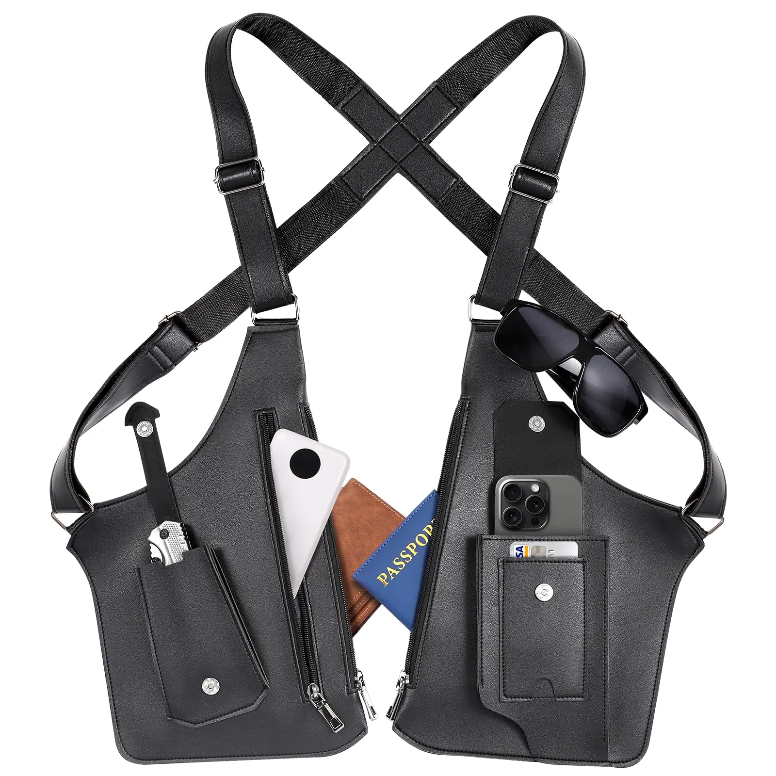 Commuter Crossbody Bag, Men’s Double‑Shoulder Armpit Holster Bag, Anti‑Theft Design with Adjustable Strap, Hidden Phone‑Wallet Pocket, Faux‑Leather Concealed Carry Pouch for Hunting, Outdoor, Travel and Daily Commute
