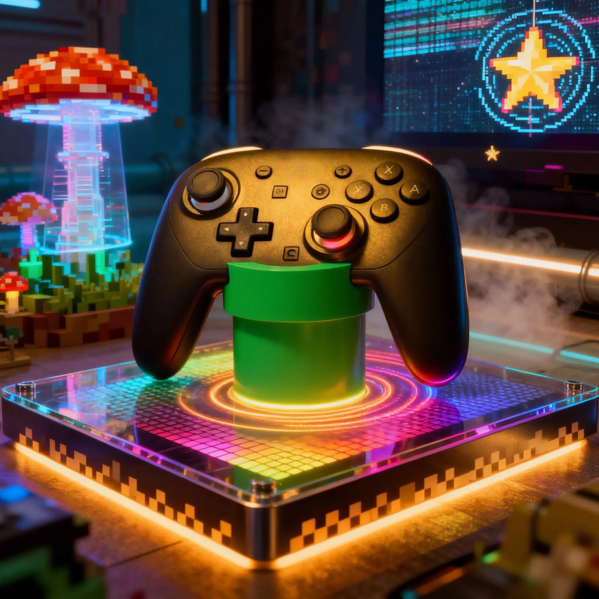Pipe Design Game Controller Stand with Card Storage, Compatible with Nintendo Controllers, Holds Up to 7 Game Cards, Controller Holder