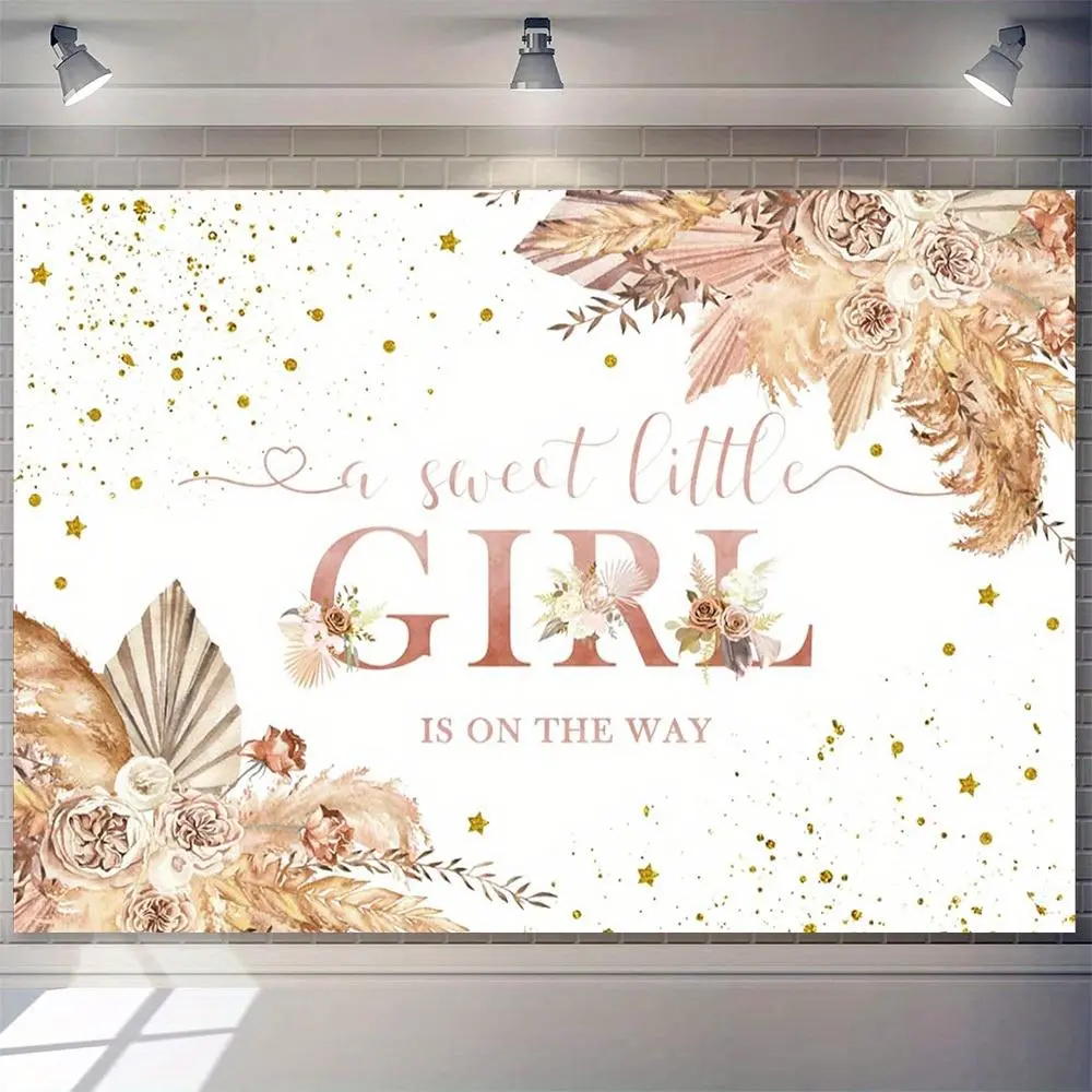 Boho Baby Shower Backdrop Decor, 1-Piece Durable Polyester Background with Pampas Grass, Flowers, Golden Accents, "A Sweet Little Girl is on the Way" Printed Design, 230x180cm for Baby Shower Celebrations