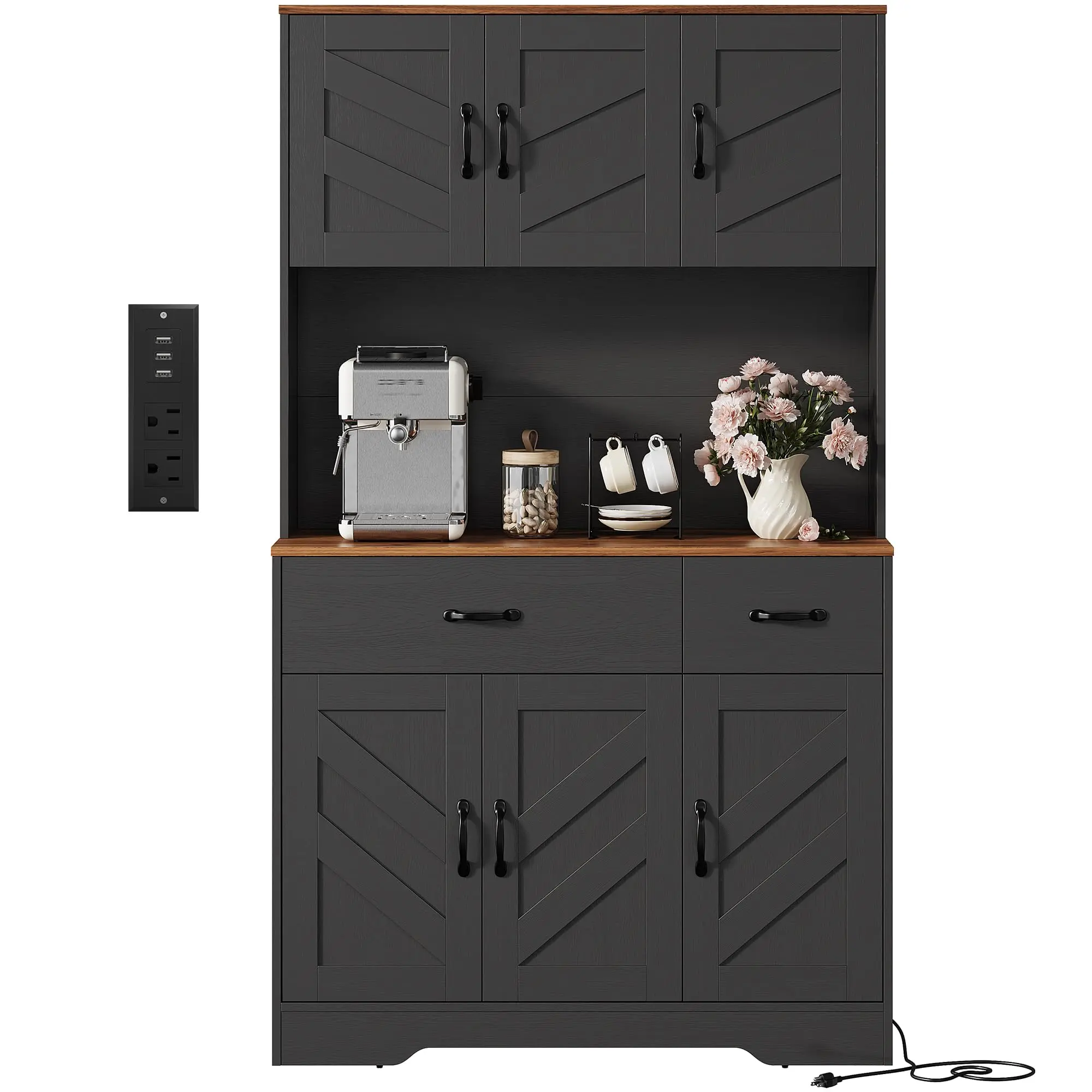 Garvee 71" Pantry Cabinet with Charging Station and Microwave Shelf, Farmhouse-Style Kitchen Hutch Featuring Drawers and Adjustable Shelves, Ideal for Kitchen or Dining Room Storage, Available in Black or White