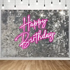 Pink Neon Sparkling Happy Birthday Backdrop - 100% Premium Polyester, Soft Glitter Letter Print Photography Banner, Party Decoration for Women's Milestone Parties, Anniversary Celebrations