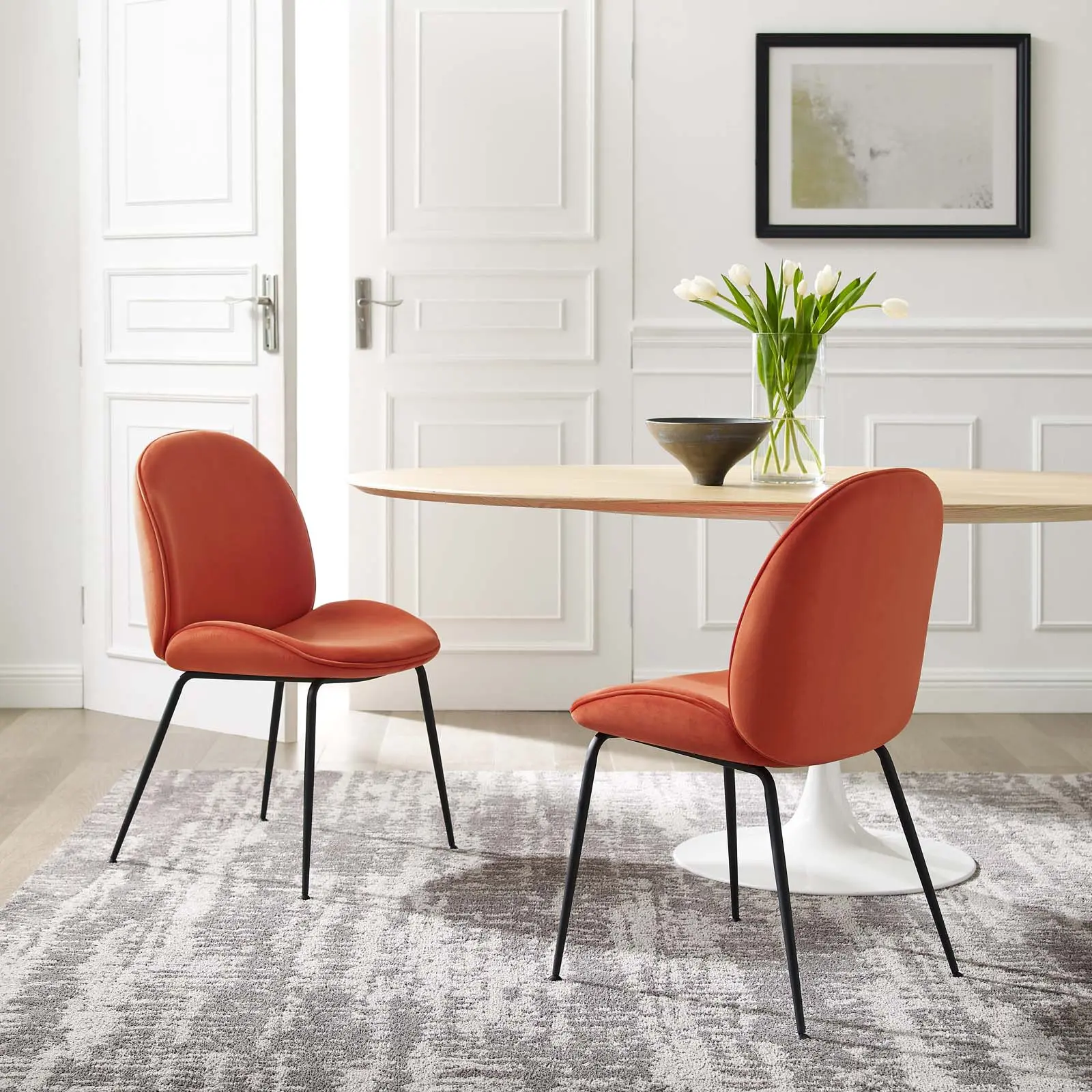 Modway Minimal Curved Single Seat Dining Chairs - Set of 2, Orange Stain-Resist Performance Velvet, Black Powder-Coated Steel Legs, Indoor Furniture Home Accessory