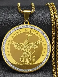 Saint Michael Archangel Medal Necklace Unisex Stainless Steel Knight Shield Chain, Punk Style Geometric Pattern, Cross Necklaces