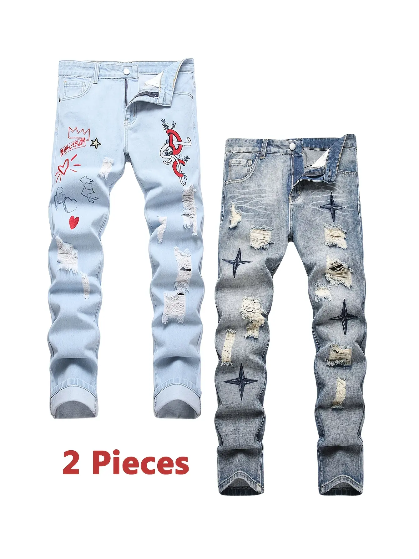 2 Pieces Jeans For Men y2k clothing Streetwear Slim Fit Blue Denim pants for men Straight Leg Casual Trousers Fashion men's clothing Suitable As Gift For Husband