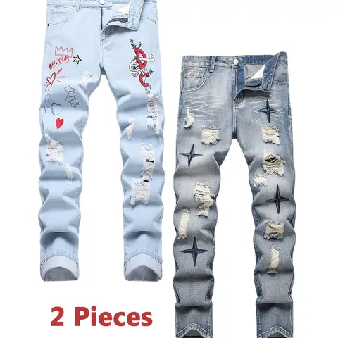 2 Pieces Jeans For Men y2k clothing Streetwear Slim Fit Blue Denim pants for men Straight Leg Casual Trousers Fashion men's clothing Suitable As Gift For Husband