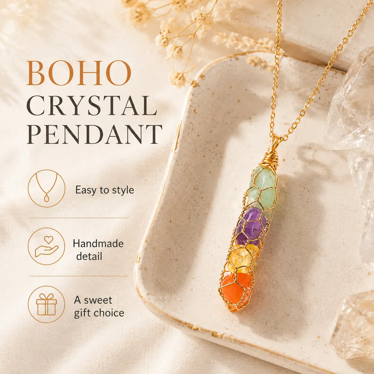 Women's Wire-Wrapped Multicolor Stone Crystal Chip Bar Pendant Necklace with Gold-Tone Alloy Chain, Boho Layering Costume Jewelry for Daily Wear & Gifting, Multicolor Stones