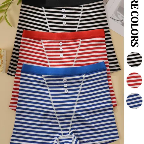 3 pcs-Women's Striped Print Elastic Shorts Set, Comfy Stretchy Shorts, Fitted Casual Style, All Seasons Wearable, Comfortable Home & Gym Use, Multiple Sizes Available, Button Underwear, Womenswear