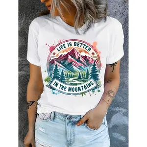 Women's Casual Short Sleeve T-Shirt - "Life Is Better In The Mountains" Graphic Print, Vibrant Geometric Mountain Landscape Design, Breathable Stretchy Fabric for Hiking, Camping & Outdoor Adventures