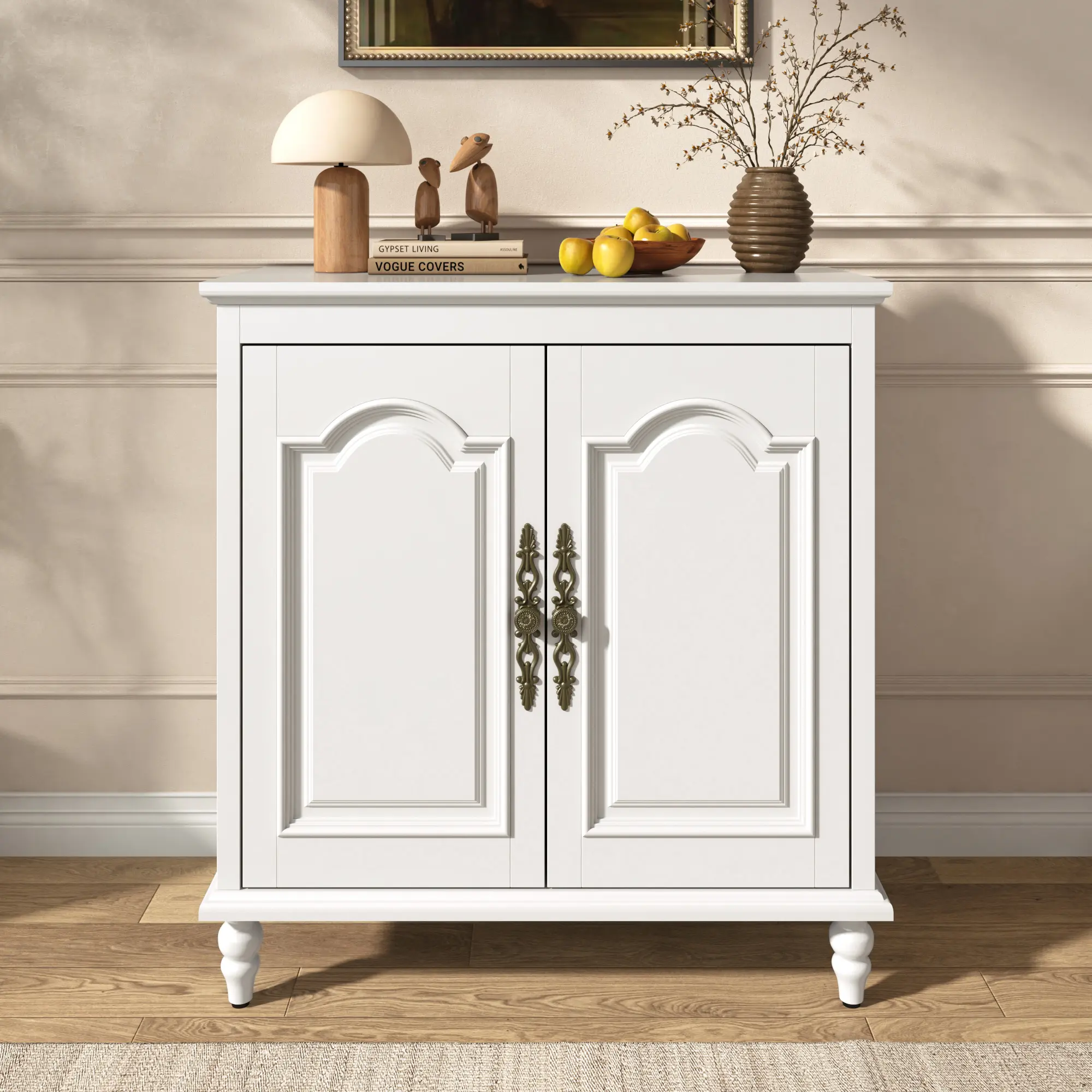 32" Farmhouse Sideboard Buffet Cabinet with Storage, Wood Carving Design Brass Carved Handles Solid Wood Gourd Legs Adjustable Shelves Multi-Function Media Console for Entryway Dining Room & Living Room
