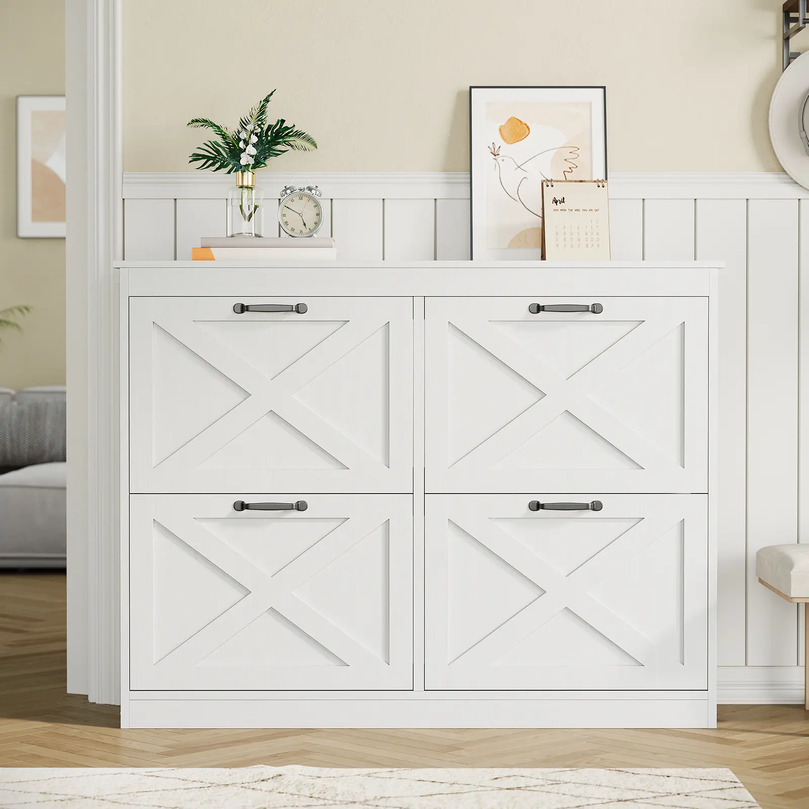 Modern Narrow Entryway Shoe Storage Cabinet – 4 Turnover Drawers, Adjustable Shelves, Freestanding Organizer for Bedroom, Living Room – Slim Space-Saving Hallway Furniture