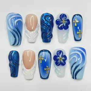 Bluewave With 3D Flower & White French Tip Medium Coffin Press On Nail, Unique Design Nail Art, Summer Nail for Holiday Vacation Prom Nail