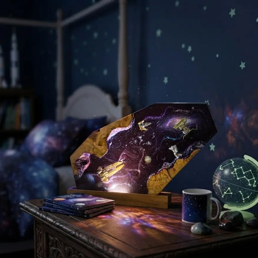 Handmade Epoxy Resin Galaxy Night Light, Sci-Fi Space Diorama LED Lamp with Starships and Astronaut, Unique Desk Decor, Collectible Art Piece for Space and Sci-Fi Fans