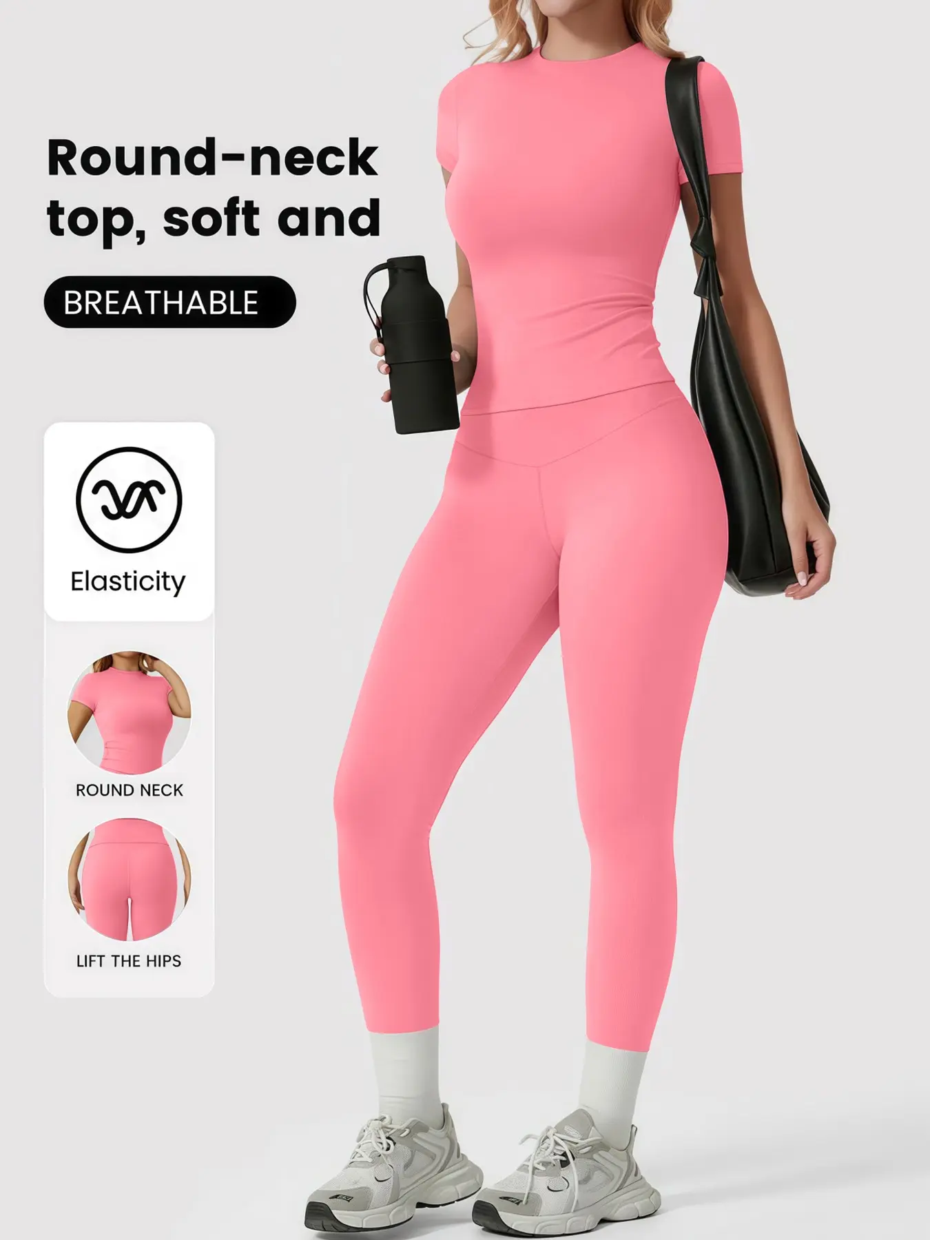 Women's Sportswear Set, Solid Color Tee & Yoga Leggings, No Front Seam Design, Classic Style, Ideal for Outdoor Running & Fitness, Athletic Wear