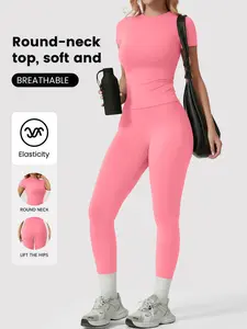 Women's Sportswear Set, Solid Color Tee & Yoga Leggings, No Front Seam Design, Classic Style, Ideal for Outdoor Running & Fitness