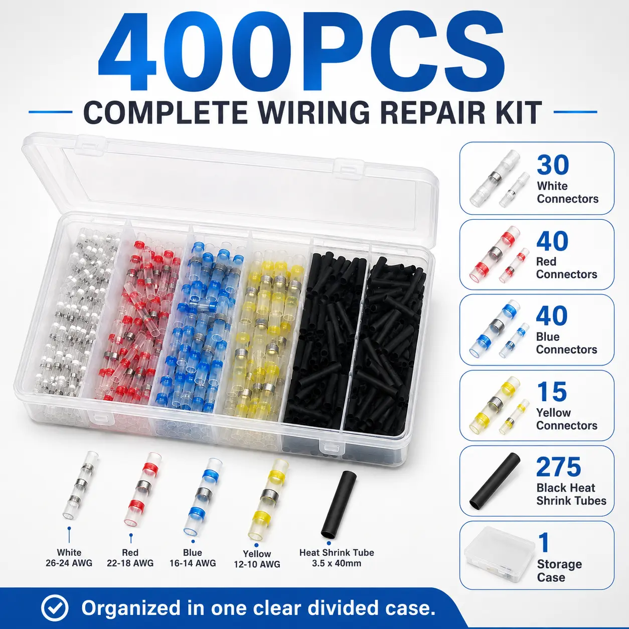 400Pcs Waterproof Heat Shrink Wire Connector Kit, Solder Seal Butt Terminals 4 AWG Sizes with Black Heat Shrink Tubes for Car Motorcycle RV ATV Wiring Repair Modification