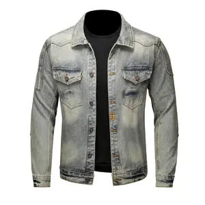 Men's Vintage Washed Denim Jacket, Retro Distressed Biker Jean Jacket with Paisley Lining, Classic Trucker Jacket with Shoulder Stitching, Casual Button-Down Motorcycle Denim Coat for Men, Fashion Streetwear Denim Jacket for Daily Wear, Riding, Outdoor