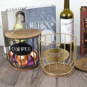 Coffee Pod Holder Vintage Coffee Capsule Basket with Wooden Base Mug Shaped Black Wire Coffee Pod Organizer Reusable Coffee Capsule Storage Espresso Capsules Container for Home Countertop Decor