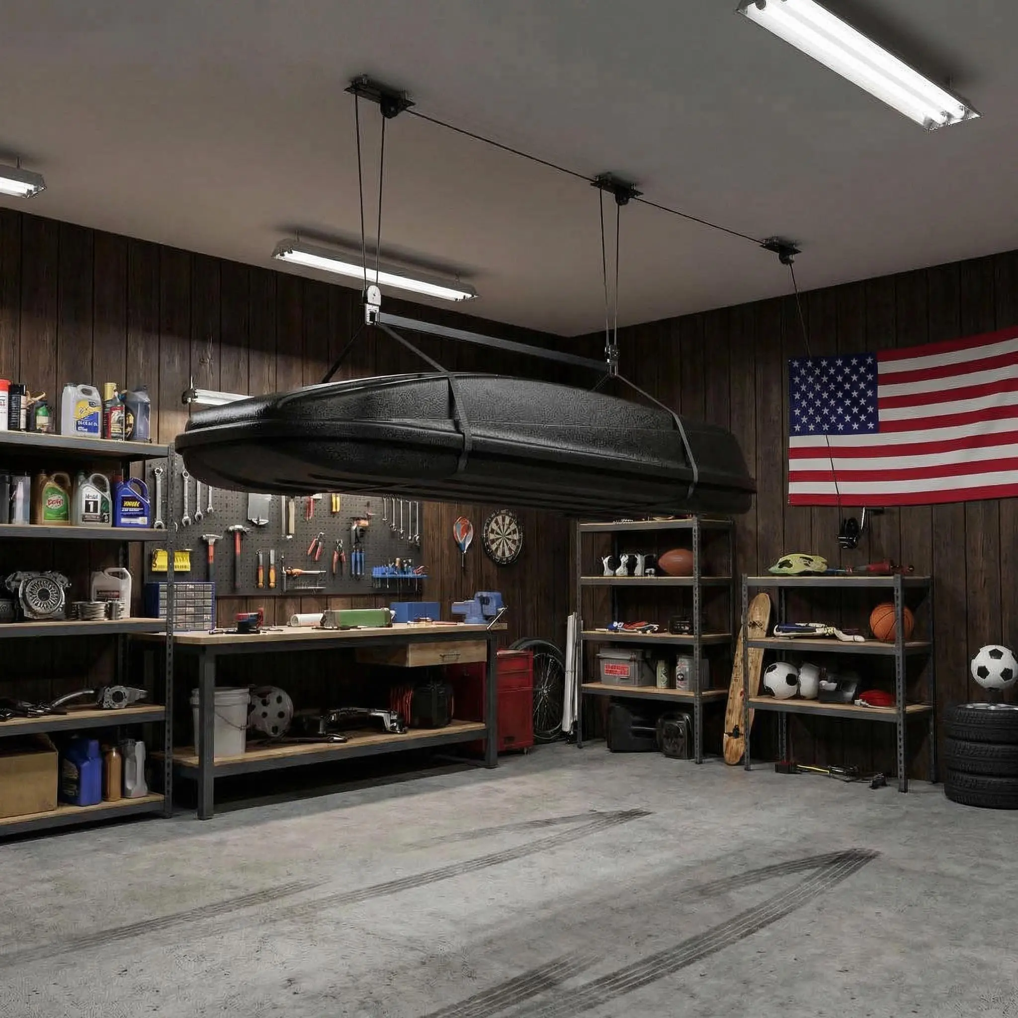 GARVEE PrecisionAuto Cargo Box Garage Pulley System, Professional Heavy-Duty Ceiling Hoist for Rooftop Cargo Boxes & Large Storage Bins, 200 Lb Rated Capacity, Fits 10–14 ft Garage Ceilings