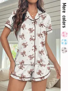 Women's Valentine's Day Heart & Leopard Bow Sleepwear Set, Short Sleeve Shorts, Casual Fitted, All Seasons Home Wear, Leopard Print Pajamas