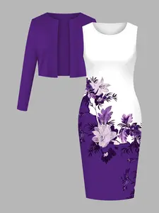 Elegant Women's Solid Color Cardigan & Floral Print Dress Two-Piece Set - Purple & White Coordinated Outfit for Brunch & Garden Parties Chic Casual Wear Crewneck Womenswear Long Sleeve Style