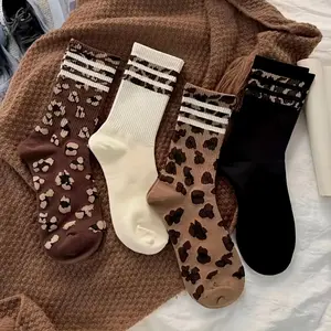 4 Pairs Women's Stylish Mid-Calf Socks - Trendy Striped Leopard Print, Comfortable, Soft For Both Lounge and Outdoor Wear