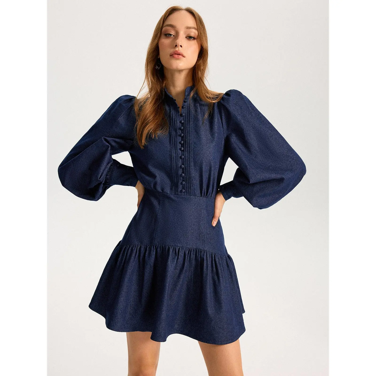 Denim Stand Collar Puff Sleeve Mini Dress