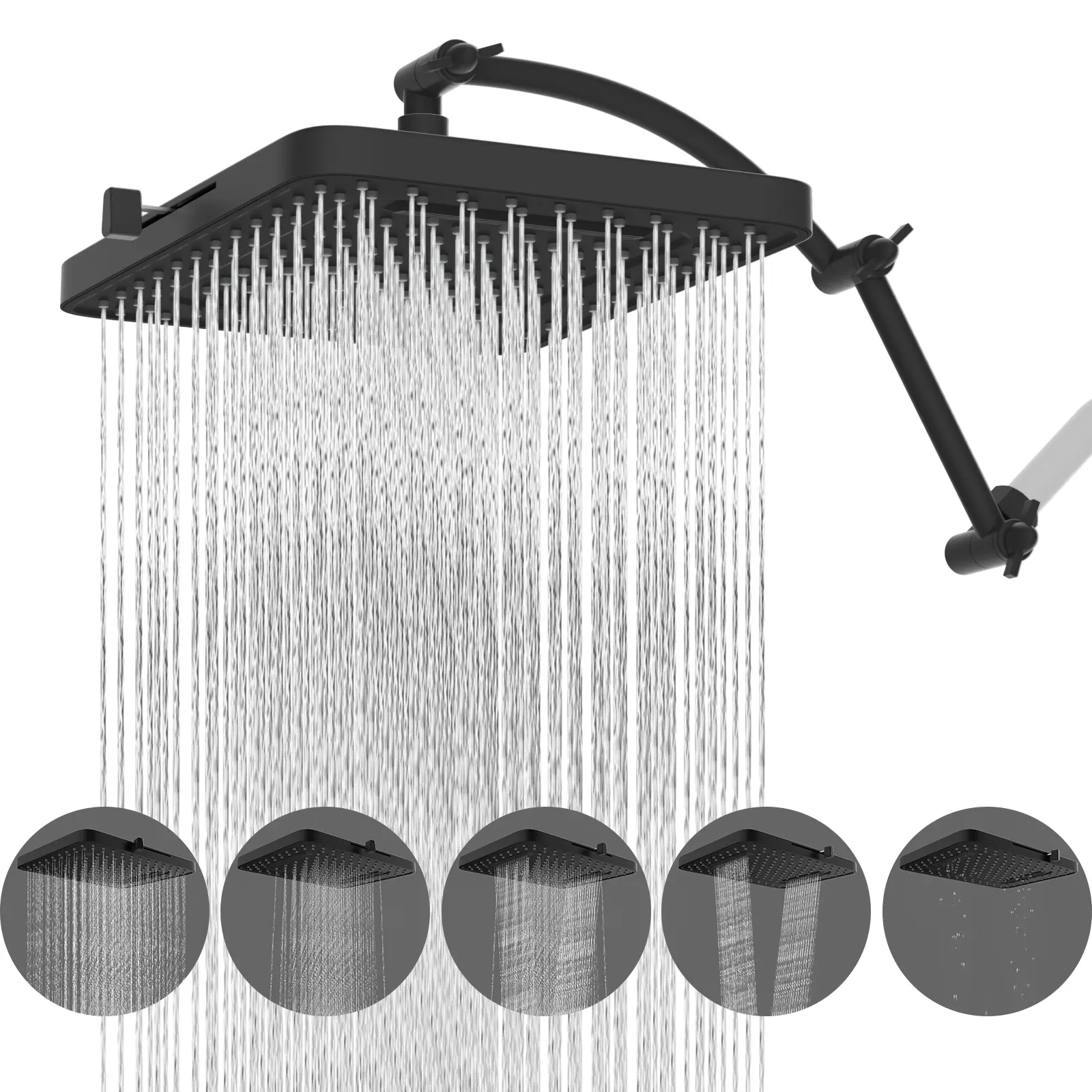 Hibbent Rain Shower Head, 13'' High Pressure Rainfall 5 Spray Mode Showerhead with 16" Shower Head Extension Arm, Solid Brass Adjustable Shower Arm Extender, Waterfall fixed Showerheads, Matte Black