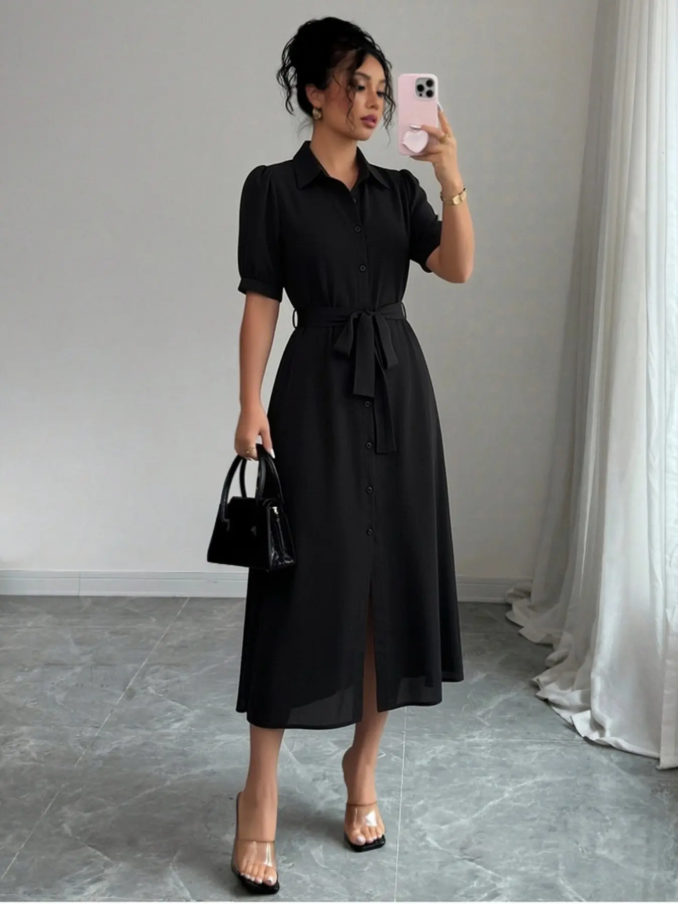 Elegant Button Solid Dress for Adults Womenswear, Daily Casual Wear, Party, Holiday Fashion, 1+sz0001 Style, Perfect for Gatherings