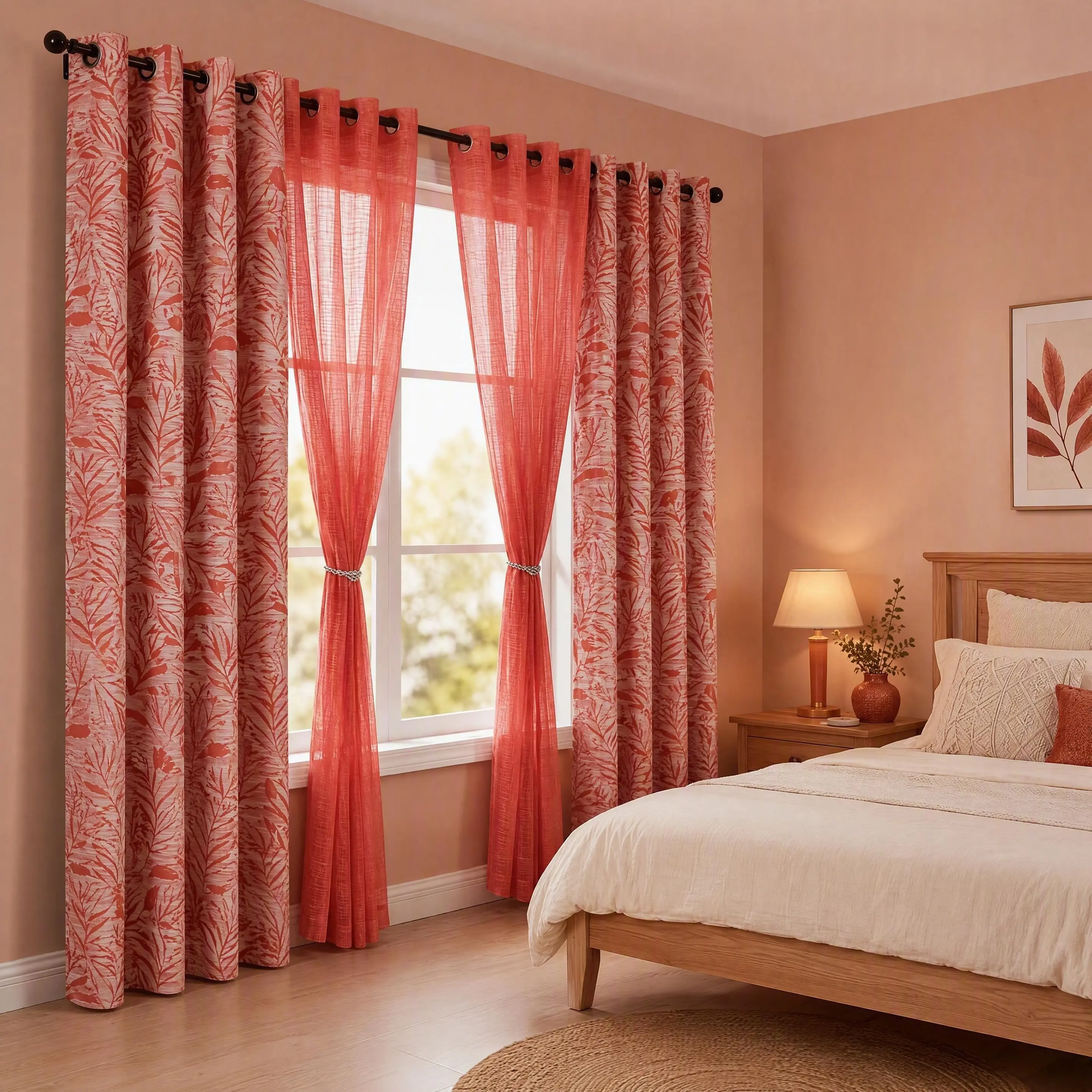 4 PANELS 54“x95” Curtains Combo, 2 Panels Slub Linen Boucle Palm Leaf Jacquard Curtains & 2 Panels Bamboo Yarn Semi Sheer Curtains Thermal Insulated Noise Reducing Window Drapes, Room Darkening Curtain Panels for Bedroom Living Room TH12 L12
