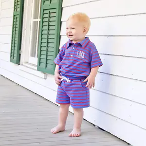 Blue & Red Stripe Terry Polo Short Set - 2Pc Outfit for Boys