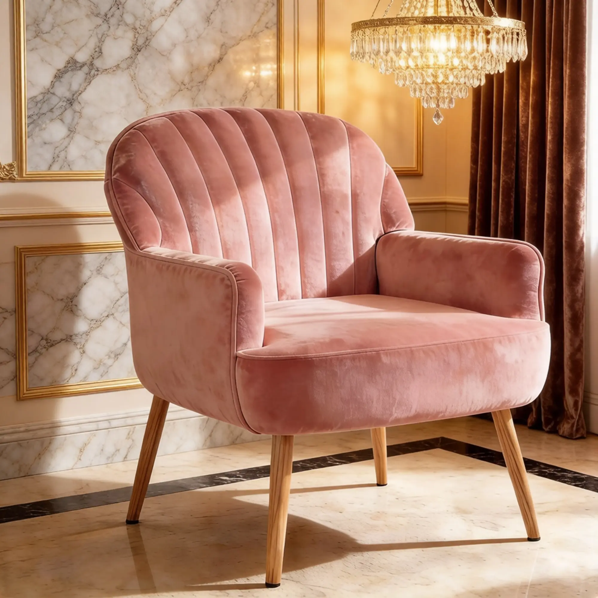 Velvet Accent Chair, Upholstered Modern Leisure Single Sofa Side Chair, Comfy Tufted Back Armchair with Metal Legs for Living Room/Bedroom/Office/Reading Room, Pink