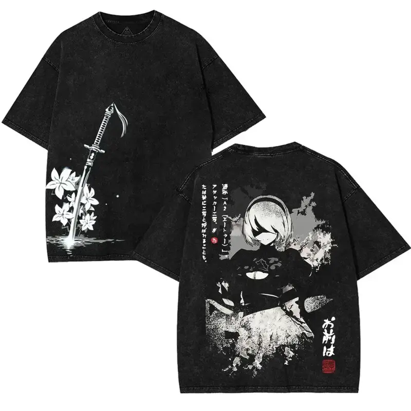 Nier Automata 2B v6 Yorha for the glory of the mankind Game Washed Tshirt Oversize 2 Sided Cotton unisex graphic game movie Tops graphic tee game acid wash