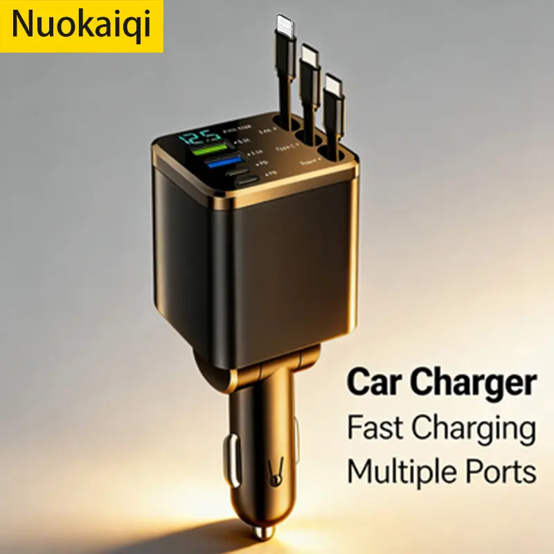 65W Car Charger with Voltage Display & LED Screen,Car Charge Station,Type-C+PD,3xRechargeable Cables,No Tangle,No Fuss Road Trip Essentials