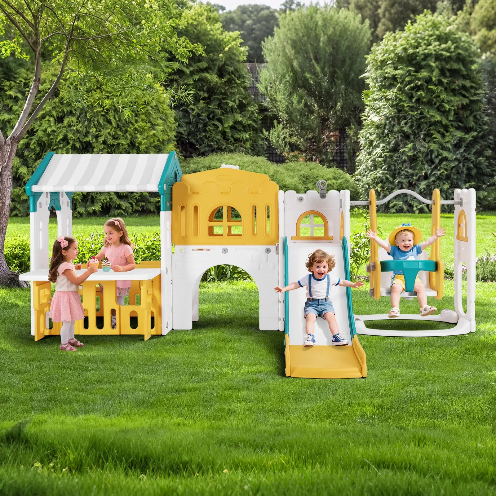 10 in 1 Toddler Slide Playset Freestanding Kid Climber with Slide Swing Basketball Hoop Telescope Indoor Outdoor Backyard Toy for Toddlers Age 1-3+