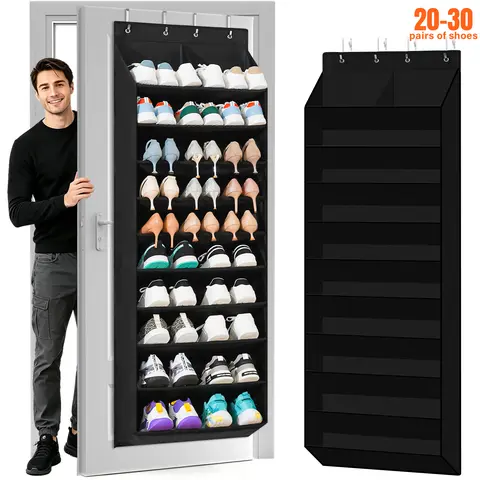 10-Tier Hanging Door Shoe Rack Organizer with 4 Hooks, Holds 20-30 Pairs, Deep Pockets for Size 14, Household Over-the-Door Storage for Closet Sneakers, Dorm Essentials, Space-Saving