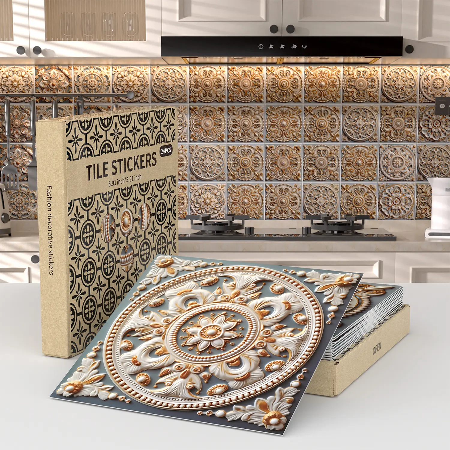 Kuujojo 48pcs Removable Peel-Stick Vinyl Wallpaper Sticker Tiles - 6x6in Hassle-Free Self-Adhesive PVC Wall Tiles for Home Backsplash, Bathroom Interior Stickers (Home Improvement Supplies)