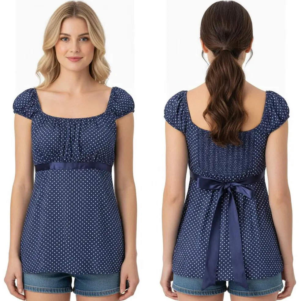 Women's Polka Dot Peplum Blouse, Square Neck Cap Sleeve Smooth Silky Satin Top with Back Bow Tie & Smocked Waistband for Casual & Dressy Occasions