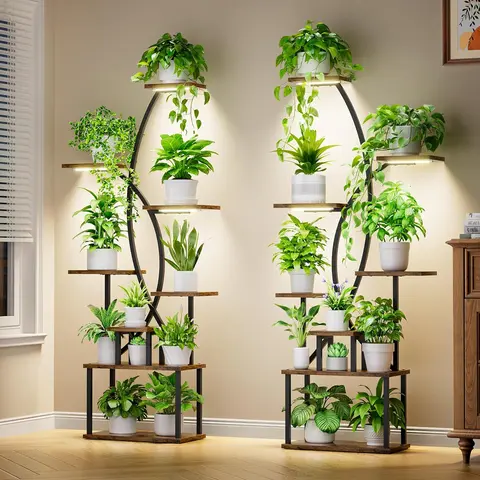 BACEKOLL Plant Stand Indoor with Grow Light - 8-Tier Tall Metal Plant Shelf, 16 Pot Stands, 65in Vertical Corner Display Rack, Stable 0.85mm Iron Frame with Waterproof Particleboard, Heavy Duty 1 Pack