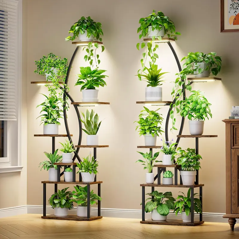 BACEKOLL Plant Stand Indoor with Grow Light - 8-Tier Tall Metal Plant Shelf, 16 Pot Stands, 65in Vertical Corner Display Rack, Stable 0.85mm Iron Frame with Waterproof Particleboard, Heavy Duty 1 Pack