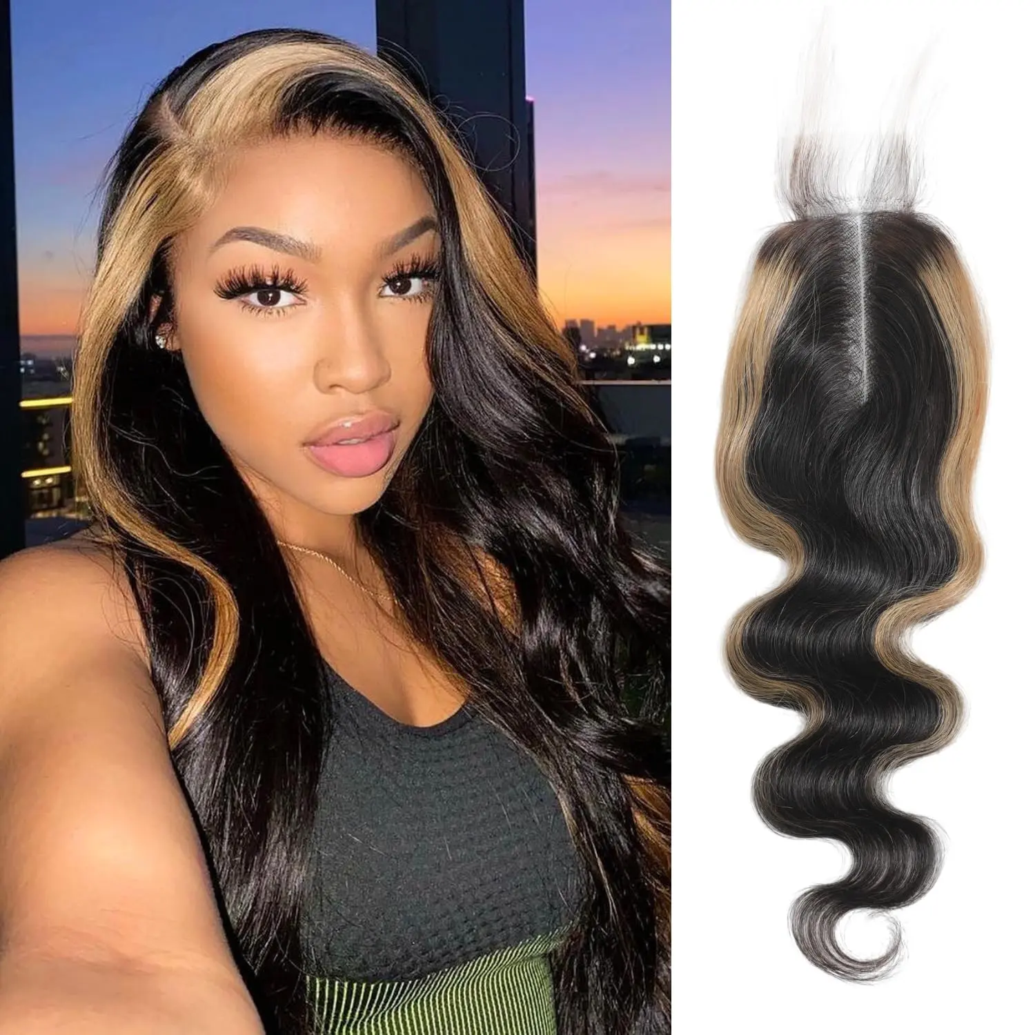 ALHER #27 Honey Blonde Highlight 2x6 HD Lace Closure Only Human Hair Body Wave 12A Skunk Stripe Free Part 4x4/5x5 Closure Ombre Ear to Ear 13x4/13X6 Lace HD Transparent Frontal Pre Plucked Larger Free Deep Part 150% Density