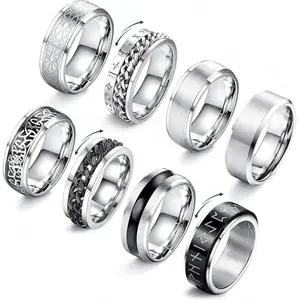 8 Pcs Stainless Steel Rings for Men High Polished Mens Band Wedding Engagement Fidget Rings Vintage Spinning Ring Size 10