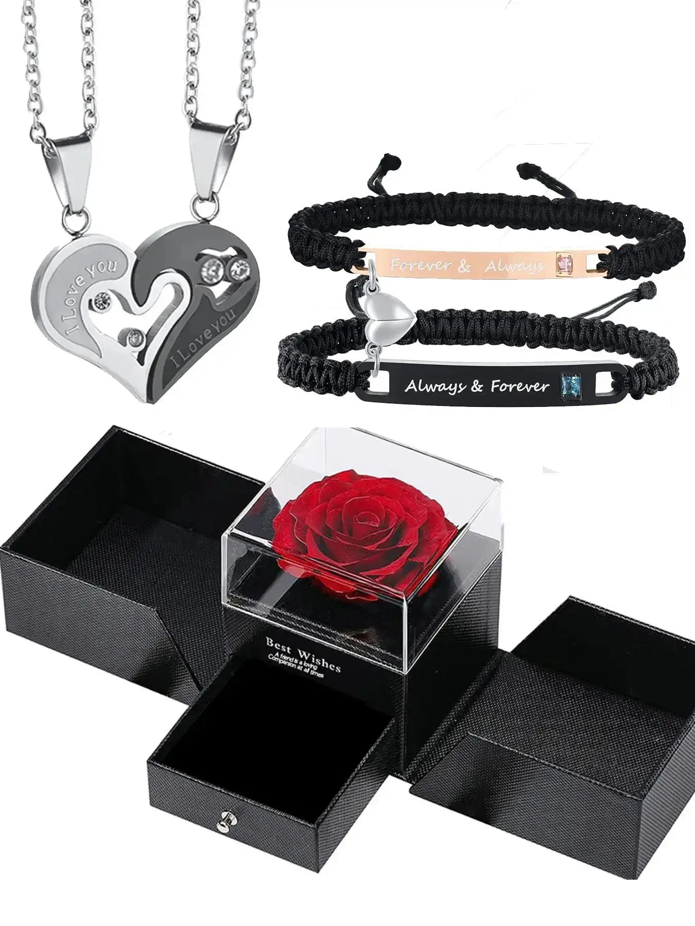 4 Piece Couple Bracelet Necklace Set, Matching Jewelry Set, Magnetic Couples Jewelry Gift, Jewellery Gift Set, Perfect Christmas Gift Anniversary Birthday Present for Him Her, Romantic Bracelet Set, Elegant Jewelry Set