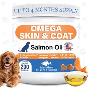 Omega 3 Dog Vitamins Soft Chews with Wild Salmon Oil, Probiotics & Biotin for Skin & Coat Support, Itch Support & Shedding Control - All Breeds, Salmon Flavor, 200 Count